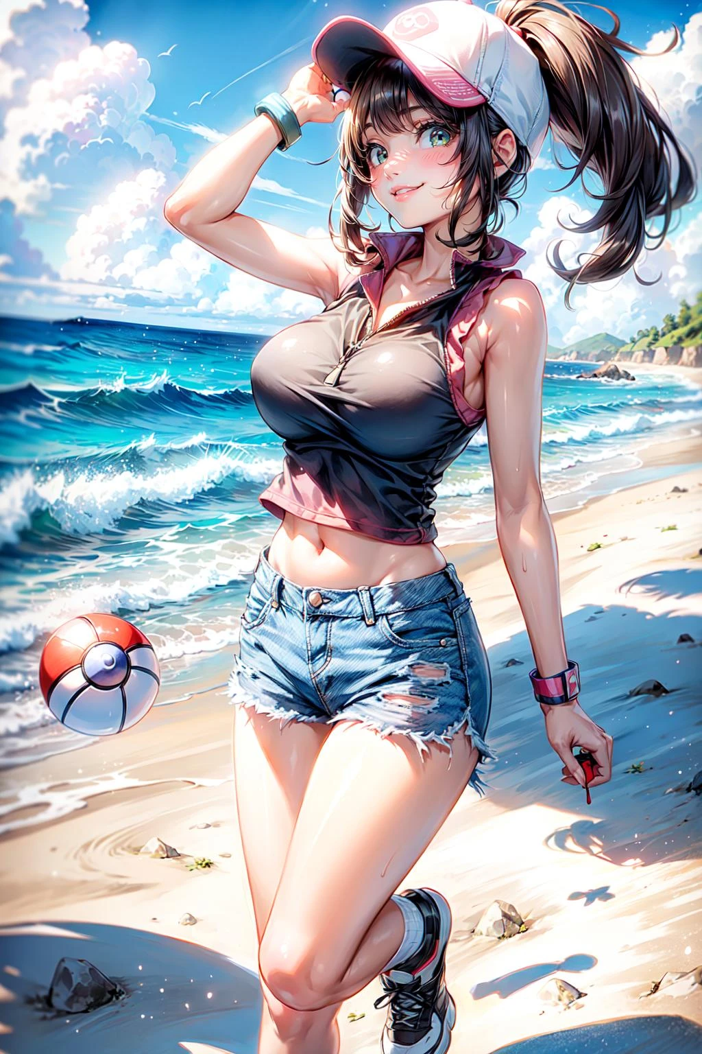 <lora:lusamine:0.8>, ((hilda)),
BREAK((solo, 1girl, adorable, young female, cute girl), (full body:1.3), soft light, dynamic angle, dynamic postures, detailed shadow,)
BREAK(hilda, long hair, sidelocks, high ponytail, shorts, ponytail, denim shorts, denim, short shorts, vest, shirt, wristband, sleeveless, white shirt, black vest, sleeveless shirt, hat, baseball cap,),
BREAK((smirk smile),(a girl kicking a Poke ball to viewer):1.2),
BREAK(perfect(anatomy,body,face,hand,leg,foot)),
BREAK(beautiful detailed girl, glossy pink lips, Milky skin, shiny skin:1.2)
BREAK(<lora:cozy animation scenes_20230824111332:0.4>, PIXIV, cozy, outdoors, Poke ball, detailed beach, ocean, spring, day, (wide view, wide-angle lens)),
BREAK(<lora:more_details:0.5>, extremely detailed, CG, 8k Amazing, finely detail, (masterpiece:2.0, best quality), (intricate details, depth of field),),
(<lora:uber_saggy2:0.45>, saggy, sagging_breasts, large breasts)