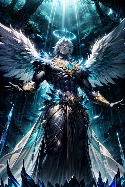 Ray tracing, god rays, horror,
Dynamic pose, Asymmetrical Collosal huge gigantic sinister ominous imposing ((translucent:1.2) jagged crystal (((sculpture))) of a masculine terrifying male angel statue made of translucent crystal, translucent crystal skin, translucent crystal feathers, translucent crystal features, both wings outstretched:1.3), (floating glowing golden halo:1.1), looming, towering, (((outdoors)) In a mystical grove where each leaf whispers a different prophecy,), powerful, (worm's eye view from below:0.8),
<lora:epiNoiseoffset_v2:1.3>, <lora:add_detail:1.2>,