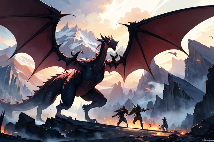 masterpiece, best quality, greg rutkowski, dragon, weapon, sword, breathing fire from mouth, fantasy, armor, holding weapon, both wings outstretched, holding sword, holding, signature, battle, riding, scenery, mountain, outdoors, multiple people , very detailed, high resolution, sharp, sharp image, 4k, 8k,