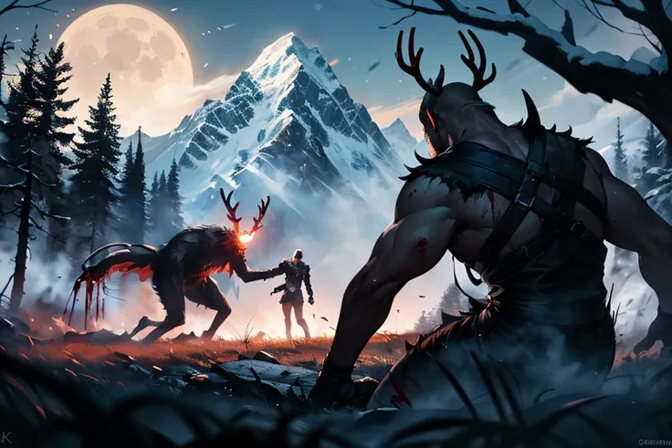 Horror masterpiece, best quality, (action shot, movement blur), combat, greg rutkowski, (focus on terrifying large wendigo visible in the distance antlers large size difference), fantasy, people fighting it, dark winter night, forest deep dark woods, massive ancient trees, battle, scenery, mountain, outdoors, multiple people, injured people on the ground, (blood splatter flying through the air), trail of carnage, (indirect) moonlight, very detailed, high resolution, sharp, sharp image, 4k, 8k,
