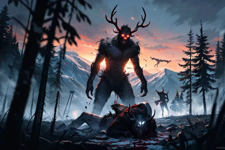 Horror masterpiece, best quality, (action shot, movement blur), combat, greg rutkowski, (focus on terrifying large wendigo visible in the distance antlers large size difference), fantasy, people fighting it, dark winter night, forest deep dark woods, massive ancient trees, battle, scenery, mountain, outdoors, multiple people, injured people on the ground, (blood splatter flying through the air), trail of carnage, (indirect) moonlight, very detailed, high resolution, sharp, sharp image, 4k, 8k,