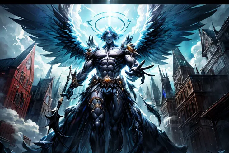 Ray tracing, god rays, horror,
Dynamic pose, Asymmetrical Collosal huge gigantic sinister ominous imposing ((translucent:1.2) jagged crystal (((sculpture))) of a masculine terrifying male angel statue made of translucent crystal, translucent crystal skin, translucent crystal feathers, translucent crystal features, both wings outstretched:1.3), (floating glowing golden halo:1.1), looming, towering, (((outdoors)) In a hidden saxon village in the clouds, inhabited by winged people,), powerful, (worm's eye view from below:0.8),
<lora:epiNoiseoffset_v2:1.3>, <lora:add_detail:1.2>,