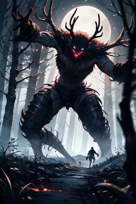 Horror masterpiece, best quality, (action shot, movement blur), combat, greg rutkowski, (focus on terrifying large wendigo visible in the distance antlers large size difference), fantasy, people fighting it, dark winter night, forest deep dark woods, massive ancient trees, battle, scenery, mountain, outdoors, multiple people, injured people on the ground, (blood splatter flying through the air), trail of carnage, (indirect) moonlight, very detailed, high resolution, sharp, sharp image, 4k, 8k,