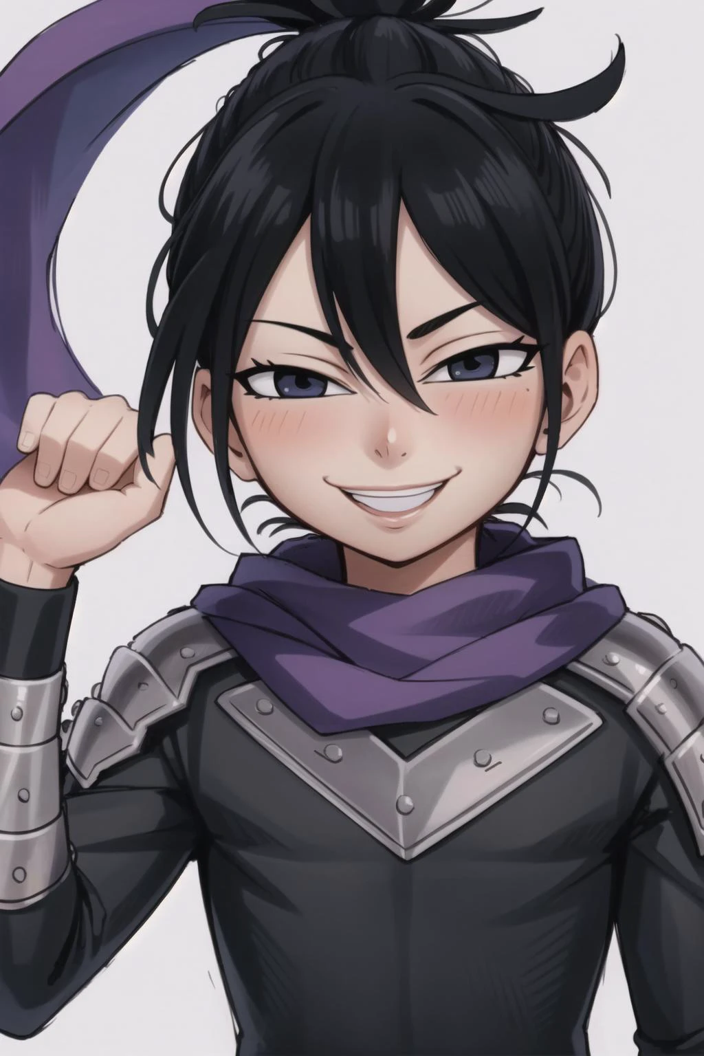 best quality, intricate details,
1boy, <lora:speedOSoundSonicOne_v10:0.8> onsoku no sonic, folded ponytail, black bodysuit, purple scarf,
<lora:LottaLewdAnyaFace:0.8> anyahehface,