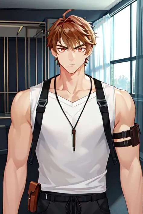 (((best quality, high resolution, masterpiece))), <lyco:husbandoLocon_v4:0.3>, (Eachcolorblockisclearlydistinguished:1.1), 1boy, male focus, short hair muscular male., looking at viewer, <lora:Character - Luke Pearce:0.7>, luke pearce, brown hair, ahoge,big and detailed eyes, face, serious face, (black tanktop:1.4), holster, inside prison, dynamic pose, gun,