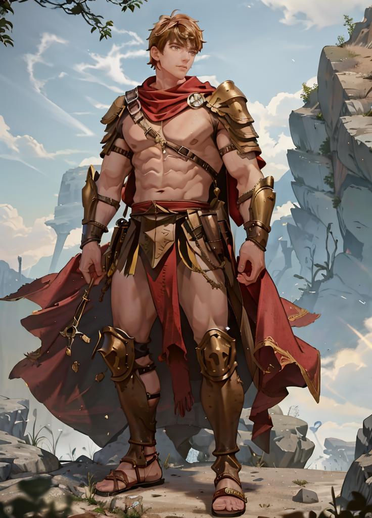 A man in armor standing on a rock with a sword - SeaArt AI