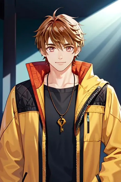 (((best quality, high resolution, masterpiece))), <lyco:husbandoLocon_v4:0.3>, (Eachcolorblockisclearlydistinguished:1.1), 1boy, male focus, short hair muscular male., looking at viewer, <lora:Character - Luke Pearce:0.7>, luke pearce, brown hair, coral eyes, smile, key pendant, jacket,