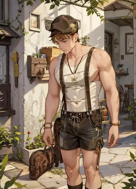 masterpiece,best quality, <lora:Luke_Pearce:1>,Luke_Pearce, <lora:Clothing - Sexy Ledenhosen:0.7>,l3denh0sen,suspenders,shorts,hat,socks,shoes,topless male/shirt/tank top