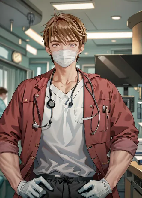 masterpiece,best quality, <lora:Luke_Pearce:1>,Luke_Pearce, <lora:Clothing - Sexy Doctor:0.7>,sexydoctor,stethoscope,coat/shirt/scrubs,surgical mask,pants,white gloves