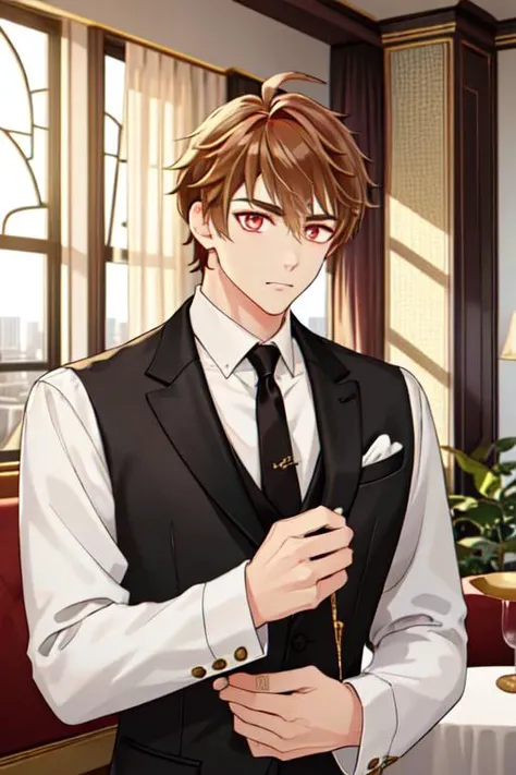 (((best quality, high resolution, masterpiece))), <lyco:husbandoLocon_v4:0.3>, (Eachcolorblockisclearlydistinguished:1.1), 1boy, male focus, short hair muscular male., looking at viewer, <lora:Character - Luke Pearce:0.7>, luke pearce, brown hair, ahoge,big and detailed eyes, face, tuxedo. formal, luxury hotel, tie, city night view,
