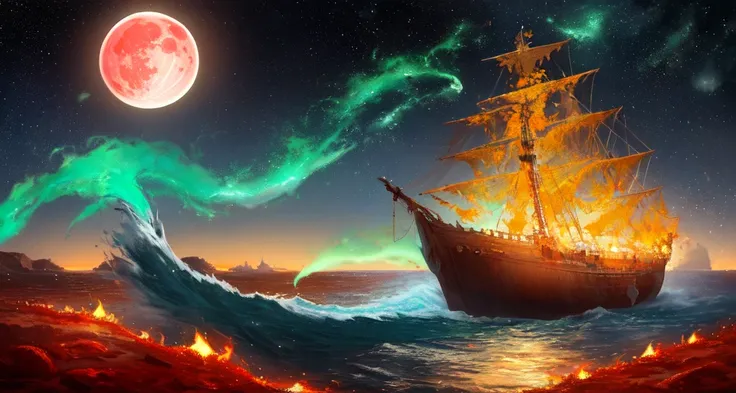 extremely detailed 8k wallpaper,(highly detailed:1.1), ((masterpiece:1.1)),[anime:Impasto:0.5], intricate , fantasy,(1ship),(ocean:1.2),[golden boat:golden boat with (green fire:1.2):0.1], clear sky ,wind ,beautiful sky,(nightsky),(galaxy), (huge blood moon in the background:1.05),