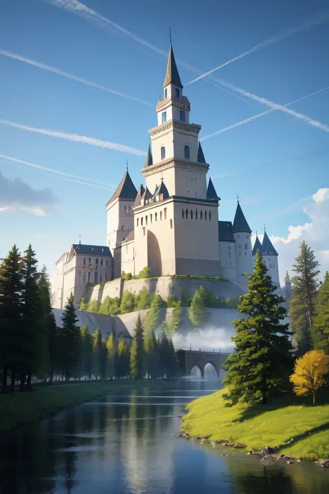 (extremely detailed CG unity 8k wallpaper),(((masterpiece))), (((best quality))), ((ultra-detailed)), (best illustration),(best shadow), ((an extremely delicate and beautiful)),dynamic angle,floating,
((the best building)),mist encircles the mountains, The castle stands out against the sky,
(detailed light),feather, nature,(sunlight),river, forest,beautiful and delicate water,(painting),(sketch),(bloom),(shine),