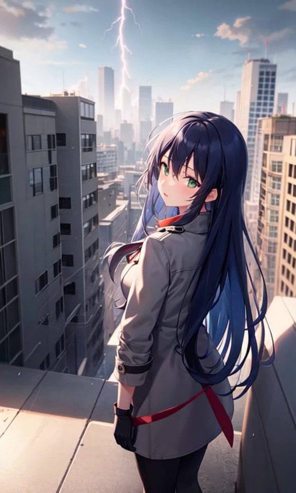 ((masterpiece)), (((best quality))), (ultra-detailed:1.5), ((illustration)), ((disheveled hair)),(1girl),solo,black footwear,black gloves, black pants, black ribbon,blue coat,blue hair,boots,building,bulletproof vest,cattail,caution tape,A broken building, city,cityscape,cloud,cloudy sky,crane \(machine\), crystal,eyelashes,gloves,green eyes, grey coat,keep out,ladder,leg ribbon,lightning,long hair, looking at viewer, mask, meteor, open clothes, open coat, outdoors, railing,rain, rooftop, sidelocks, sky, skyscraper, tail, very long hair, (Heavy rains),(cowboy shot:1.1) ,pov