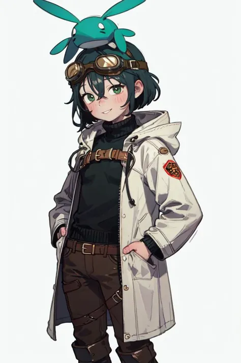 <lora:KoalaEngineV2:1> koalaengine,, absurdres, ultra detailed, masterpiece, best quality, aesthetic, detailed,, ultra detailed, masterpiece, best quality, solo, smile, 1boy, green eyes, short hair, black hair, bangs, hair between eyes, messy hair, (goggles on head:1.2),, headband, white coat, hooded coat, hood down, open coat, turtleneck, capri pants, pants, black knee boots,