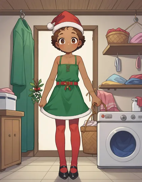 zPDXL, score_9, score_8_up, score_7_up, source_anime,
1girl, solo, (gorgeous young woman), african, dark skin, brown eyes, petite build, short hazel  hair,  wearing Green sequined dress with red belt, red stockings, black ankle strap heels, jingle bells christmas hat, carrying a sprig of mistletoe, set in Laundry Room, Functional area with a washer and dryer, laundry baskets for sorting clothes, shelves stocked with detergent and fabric softener, a folding table, and a hanging rod for air-drying clothes ,  <lora:PossumMachine_v2:0.8> possmach, ****** girl, *****, flat chest