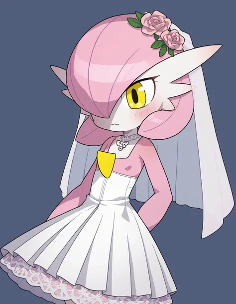 zPDXL, score_9, score_8_up, score_7_up, source_anime,
1girl, solo, bride wearing Lace sweetheart bodice, satin trumpet skirt with lace overlay, lace pumps, wedding veil with lace, heirloom pendant, <lora:PossumMachine_v2:0.8> possmach, <lora:Petunia_v2-10:0.8> petunia, pink hair, pokemon \(creature\), colored skin, gardevoir, short hair, white skin, flat chest, alternate color, yellow eyes,