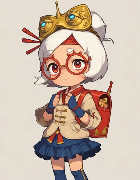 zPDXL, score_9, score_8_up, score_7_up, source_anime, 1girl, solo,
<lora:LilPurah_v1.2:0.6> purah, sheikah, white hair, dark-skinned female, child, thick eyebrows, red eyes, red-framed eyewear, hair bun, goggles on head, beige jacket, blue skirt, frilled skirt, blue socks, kneehighs, blue footwear, mary janes, red headband, goggles on head, hair stick, hair beads, randoseru, red bag, bag straps, blue and white striped strap, fingerless gloves, blue gloves, petticoat, light smile, <lora:PossumMachine_v2:1> possmach