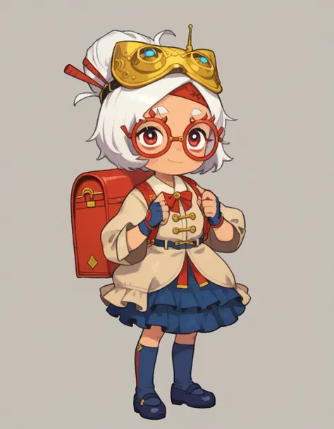 zPDXL, score_9, score_8_up, score_7_up, source_anime, 1girl, solo,
<lora:LilPurah_v1.2:0.6> purah, sheikah, white hair, dark-skinned female, child, thick eyebrows, red eyes, red-framed eyewear, hair bun, goggles on head, beige jacket, blue skirt, frilled skirt, blue socks, kneehighs, blue footwear, mary janes, red headband, goggles on head, hair stick, hair beads, randoseru, red bag, bag straps, blue and white striped strap, fingerless gloves, blue gloves, petticoat, light smile, <lora:PossumMachine_v2:1> possmach
