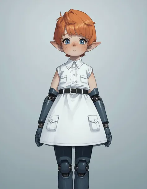 zPDXL, score_9, score_8_up, score_7_up, source_anime,
1girl, solo, (android) wearing sleeveless dress, Ceramic-coated arms with futuristic geometric patterns, Chrome-plated legs braces with hydraulic pistons, exposed wiring, sleek futuristic design,, <lora:PossumMachine_v2:0.8> possmach, <lora:Popipi_v1-10:0.8> popipi, lalafell, blue eyes, dark nose, freckles, orange hair, short hair, pointy ears,