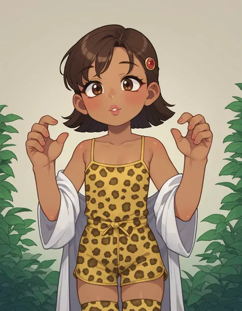 zPDXL, score_9, score_8_up, score_7_up, source_anime,
1girl, solo, (stunning young woman), indian, tan skin, brown eyes, tiny build, short red side-swept hair, wearing emerald green sheer chiffon camisole , velvet shorts, Leopard print stockings, satin robe, soft pink lips,metallic eyeshadow, set in a romantic boudoir with silk drapes, a chaise longue, a collection of perfume bottles, at night, <lora:PossumMachine_v2:0.8> possmach