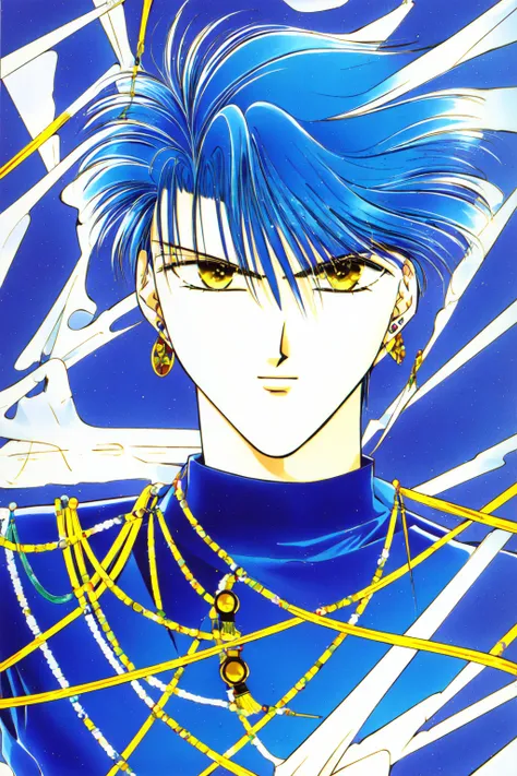 Yuu_Watase_Style,solo, 1boy, solo focus, jewelry, yellow eyes,  male focus, blue hair, earrings, retro artstyle, 1990s (style), dynamic angle, dynamic pose <lora:Yuu_Watase:1>