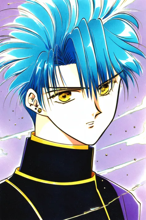 Yuu_Watase_Style,solo, 1boy, solo focus, jewelry, yellow eyes,  male focus, blue hair, earrings, retro artstyle, 1990s (style), dynamic angle, dynamic pose <lora:Yuu_Watase:1>