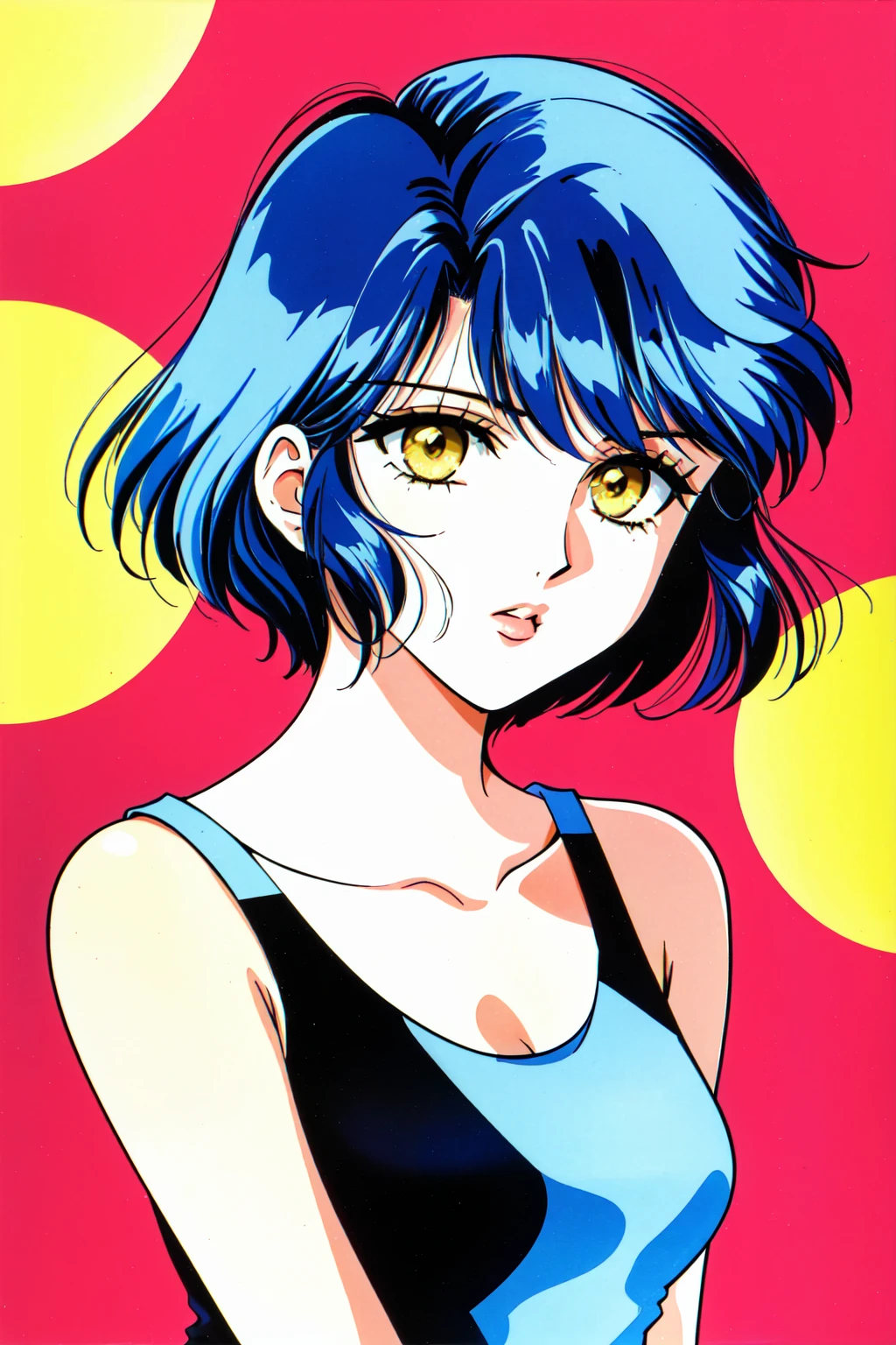 Yuu_Watase_Style,1girl, solo, looking at viewer, short hair, bangs, blue hair, collarbone, yellow eyes, parted lips, lips, eyelashes, tank top, portrait, nose, retro artstyle, 1990s (style) <lora:Yuu_Watase:0.75>