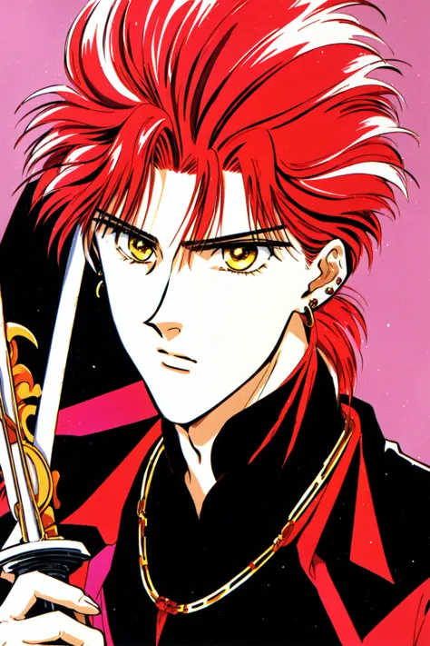 Yuu_Watase_Style,solo, 1boy, solo focus, holding, jewelry, yellow eyes, weapon, holding weapon, male focus, red hair, earrings, retro artstyle, 1990s (style) <lora:Yuu_Watase:1>