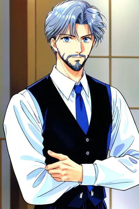 Yuu_Watase_Style, solo, looking at viewer, blue eyes, shirt, long sleeves, 1boy, white shirt, upper body, grey hair, male focus, necktie, blurry, vest, blurry background, facial hair, black necktie, beard, stubble, waistcoat, retro artstyle, 1990s (style) <lora:Yuu_Watase:0.75>