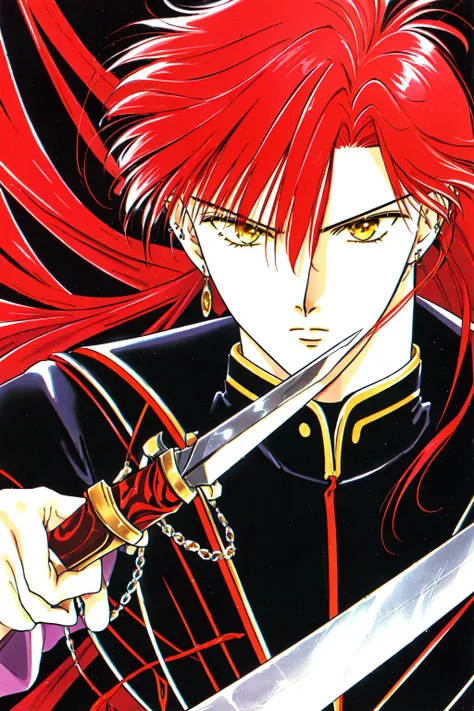 Yuu_Watase_Style,solo, 1boy, holding, jewelry, yellow eyes, weapon, male focus, red hair, earrings, knife, dagger, retro artstyle, 1990s (style) <lora:Yuu_Watase:1>