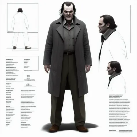 concept art character sheet of Jack Nicholson as Jack Torrance Full body shot. costume 360 turn-around. plain background