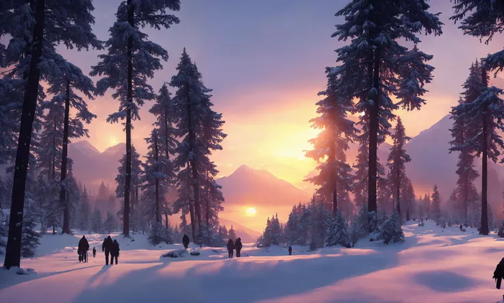 drawing of covered in snow greek large forest sunset at sunset , with people walking around, fine details, award winning image, highly detailed, 16k, cinematic perspective, ((video game environment concept art style)), pretty colors, asymmetrical camera composition, cinematic environment, tk-env