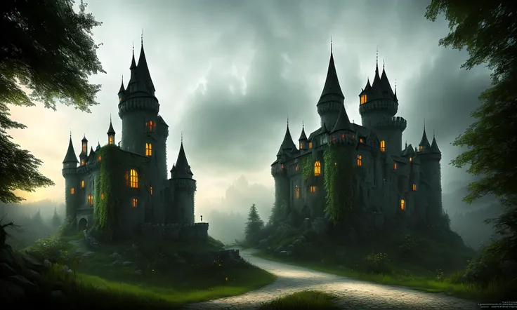 photograph of dracula's castle, vampire castle, in the middle of the woods at night, tk_env environment concept art, award winning image, photorealistic, 16k ,highly detailed