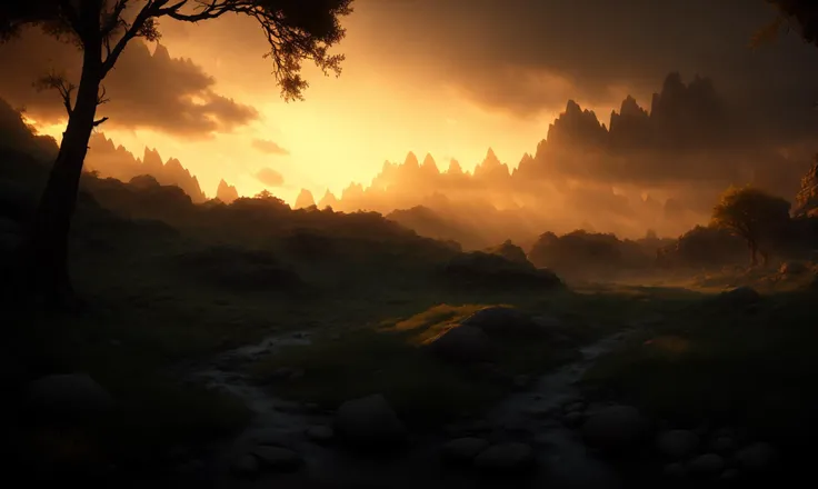 drawing of mountains American small forest clouldy at sunset ,(((tk-env))) style, with people walking around, fine details, award winning image, highly detailed, 16k, cinematic perspective, video game environment concept art style <lora:SPYBGTK-E-Enh:0.35>