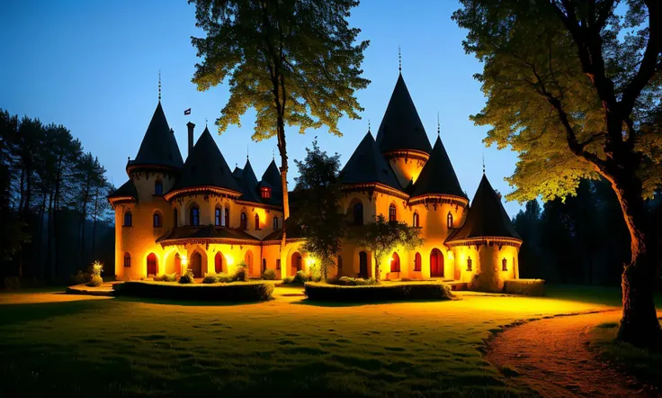 photograph romanian vampire castle, in the middle of the woods at night, tk_env