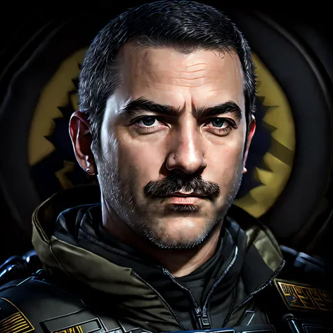 photo of spybgface-2700 with very short hair, shaved beard, wearing a swat uniform, award winning image, highly detailed, 16k, tk-char