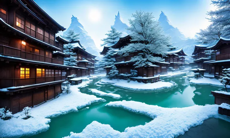 photograph of frozen Japanize city, tk_env, award winning image, highly detailed