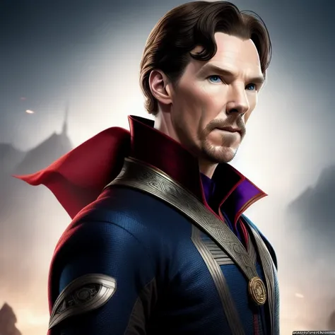 concept art  Benedict Cumberbatch as Doctor Strange top body shot. 3-quarter close-up view shot. plain background