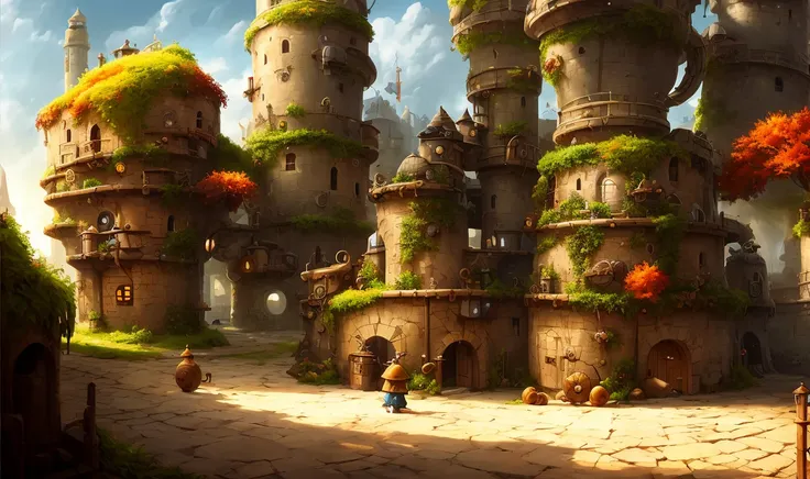 cute wakfu Splash art surreal (((medieval))) factory in the shape of a snail, by Gediminas Pranckevicius, autumn, dnd, character design, trending on artstation, fisheye camera, extreme perspective