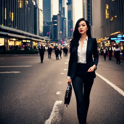 Masterpiece, modern urban style, (((a beautiful lady))) TK_CHAR professional woman, long black hair, sophisticated professional suit, black stockings, high heels, TK_ENV modern metropolis scene, tall buildings, bustling streets, neon lights , high-definition scene details, ultra-high-definition, HDR