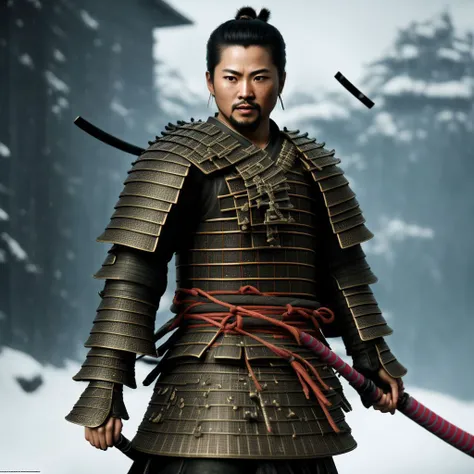 a photo of a samurai standing, front view, (full body:1.4), studio lighting, masterpiece, 16k resolution, insane details