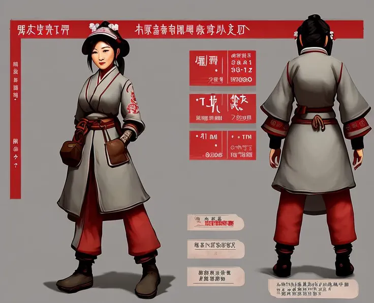 photo of a stylized ((full body)) of a ((female)) chinese medieval farmer, wearing detailed cotton cloth, tk-char, grey background,(character sheet front:1.2) and (character sheet back view:1.2)