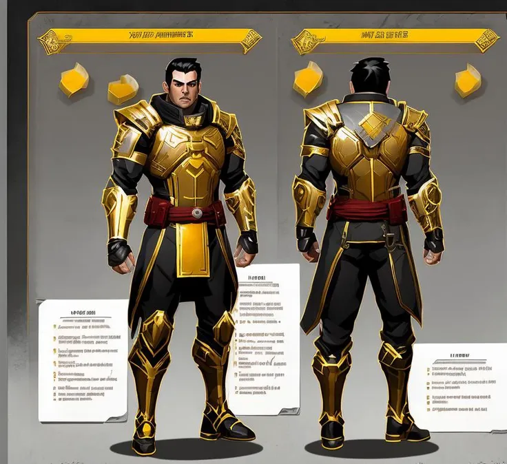 photo of a stylized ((full body)) of a ((male)) super soldier <lora:dwayneTheRockJohnson_v1:0.6>,stylized black hair, wearing gold and white armor, tk-char, grey background,(character sheet front:1.2) and (character sheet back view:1.2)