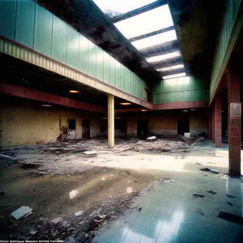 tk-env, empty ruined abandoned 1980s era mall, water damage, mold, detritus, dirt, broken walls, hanging ceiling tile,  <lora:add_detail:2.0>