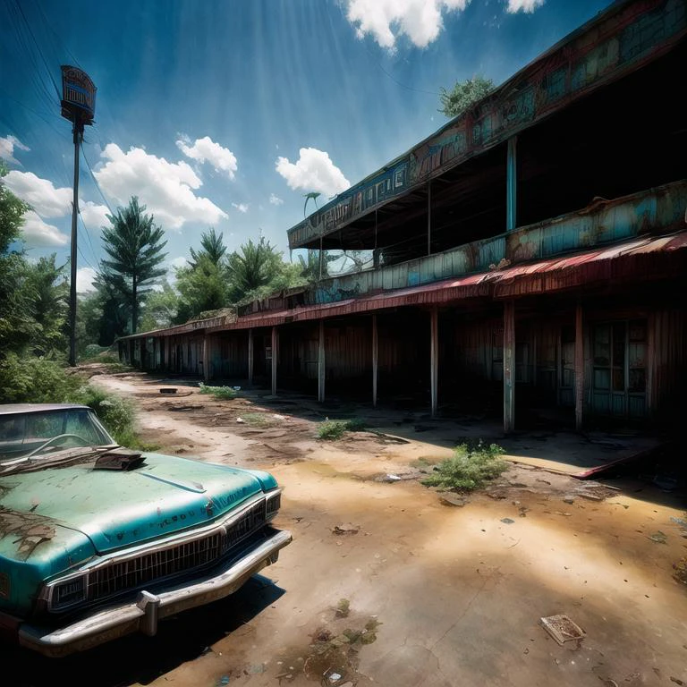 tk-env, empty ruined abandoned amusement park, water damage, mold, detritus, dirt, broken walls, hanging ceiling tile, <lora:add_detail:2.0>