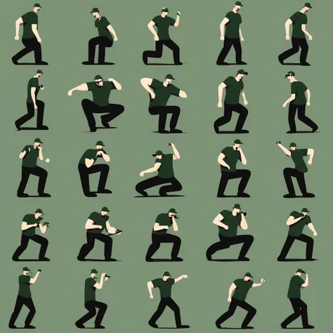 a man with dark green shirt, short sleeves T-shirt, wearing green cap, glasses, long black pants, plain white background, flat art style Line, Illustrations, Memphis corporate design, flat art, flat coloring, simple, vector art, corporate art, cel shading, cel shaded, score_9, score_8_up <lora:Memphis_Corporate_Vector:1>