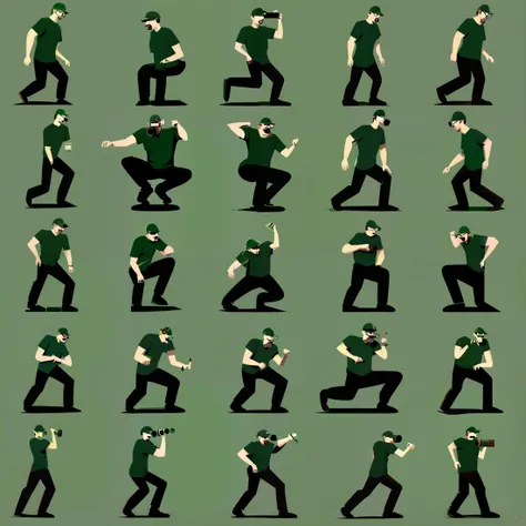 a man with dark green shirt, short sleeves T-shirt, wearing green cap, glasses, long black pants, plain white background, flat art style Line, Illustrations, Memphis corporate design, flat art, flat coloring, simple, vector art, corporate art, cel shading, cel shaded, score_9, score_8_up <lora:Memphis_Corporate_Vector:1>