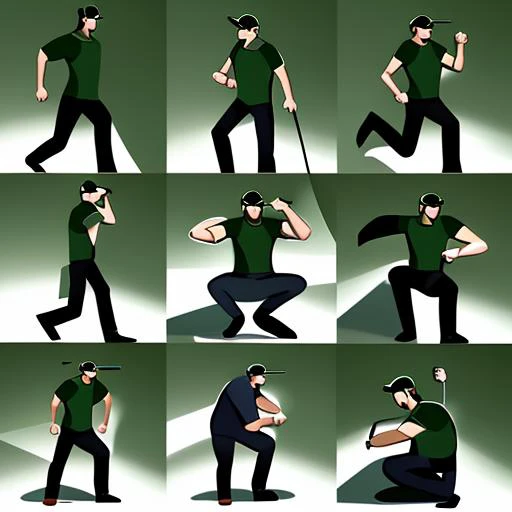 IlluLORA a illustration of a man with dark green shirt, short sleeves T-shirt, wearing green cap, glasses, long black pants, plain white background,<lora:IlluLora_V2:0.9>