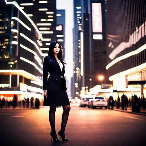 Masterpiece, modern urban style, (((a beautiful lady))) TK_CHAR professional woman, long black hair, sophisticated professional suit, black stockings, high heels, TK_ENV modern metropolis scene, tall buildings, bustling streets, neon lights , high-definition scene details, ultra-high-definition, HDR