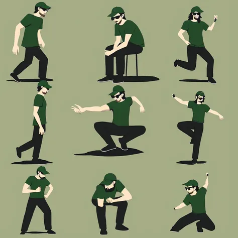IlluLORA a illustration of a man with dark green shirt, short sleeves T-shirt, wearing green cap, glasses, long black pants, plain white background, flat art style Line, Illustrations, Memphis corporate design, flat art, flat coloring, simple, vector art, corporate art, cel shading, cel shaded, score_9, score_8_up, <lora:IlluLora_V2:0.9>